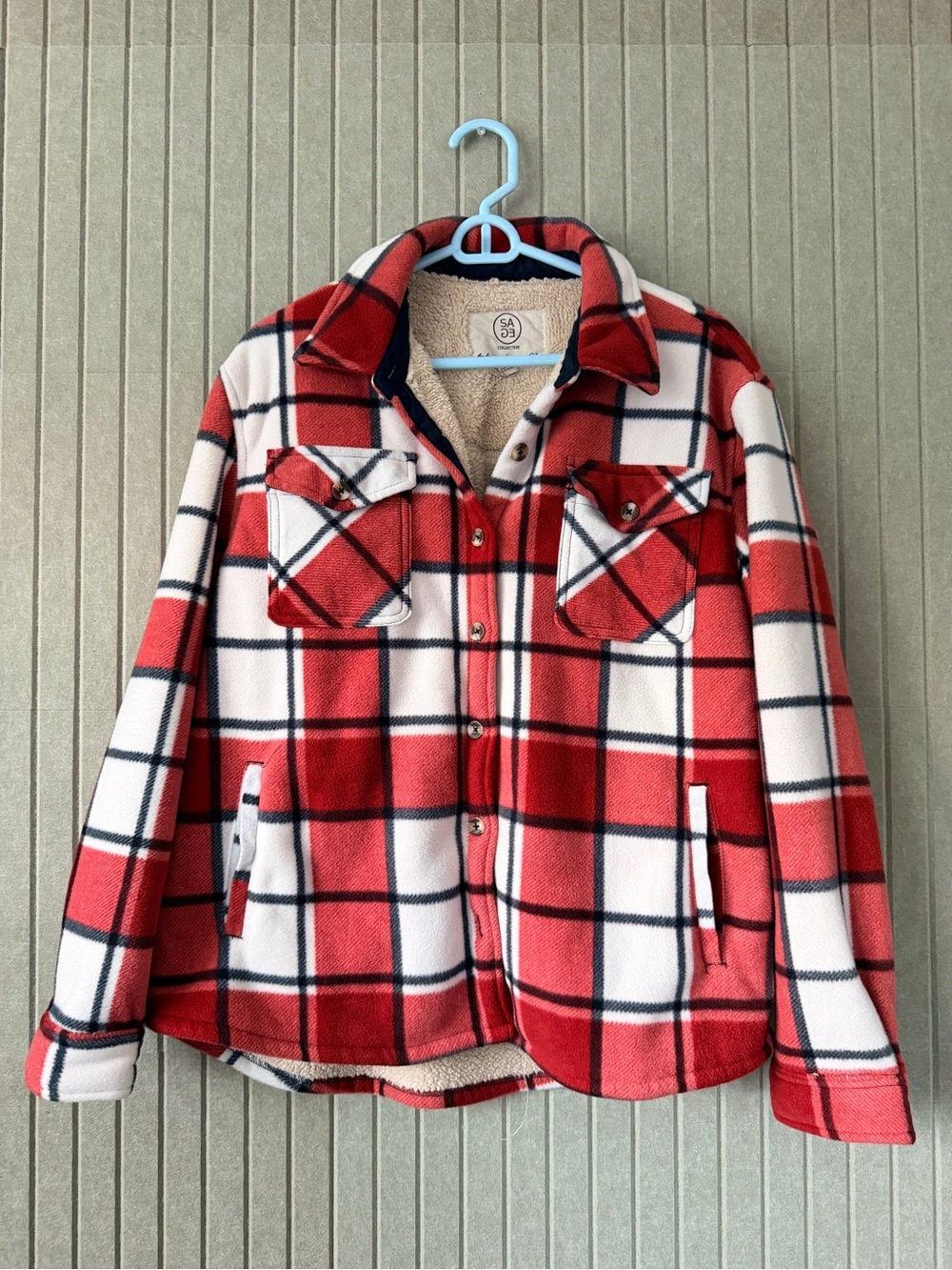 Sage Red & White Plaid Sherpa-Lined Jean Jacket
